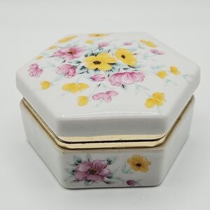 VINTAGE Action Porcelain Floral Hexagonal Hinged Trinket Jewelry Box Made Japan